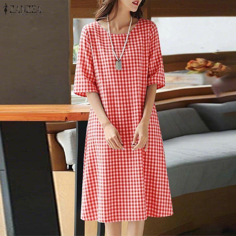 ZANZEA Women Plaid Print Casual Round Neck 3/4 Sleeve Loose Dress