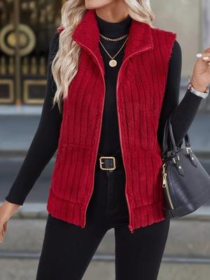 Damen Winter West mit durchgehendem Reißverschluss, einfarbig, lässiger Cardigan aus Polyester-Strick, ärmelloser Pullover mit offener Vorderseite, ohne Gürtel, für lässige Ausflüge für Erwachsene