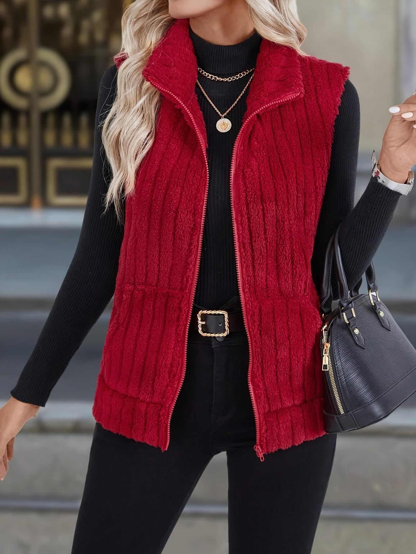 

Women S Winter Solid Color Zip-Up Vest, Casual Polyester Knit Cardigan, Sleeveless Pullover with Open Front, No Belt, for Adult Casual Outings S