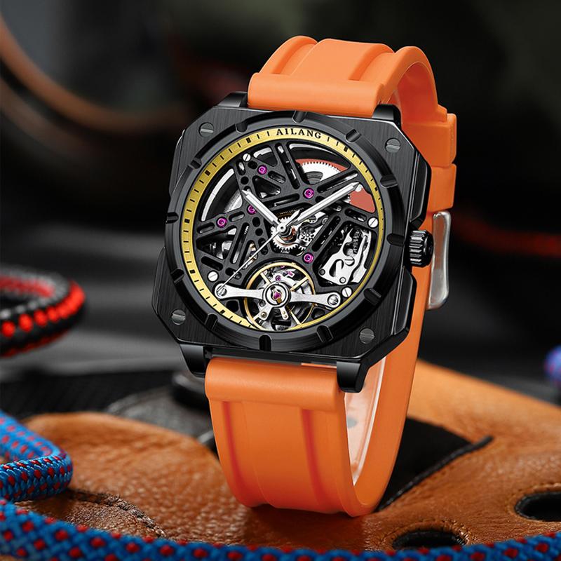 Square Dial Automatic Tourbillon Watch for Men Mechanical Skeleton Tourbillon Mens Watches Rubber Strap Top Brand Luxury