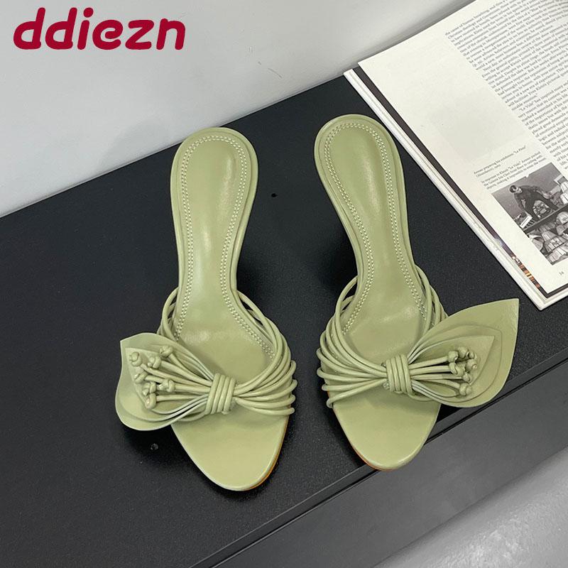 Fashion Green Footwear Butterfly-Knot Women Heels Slides Shoes Female Slippers Fashion Round Toe Ladies High Heels Sandals Shoes Pumps