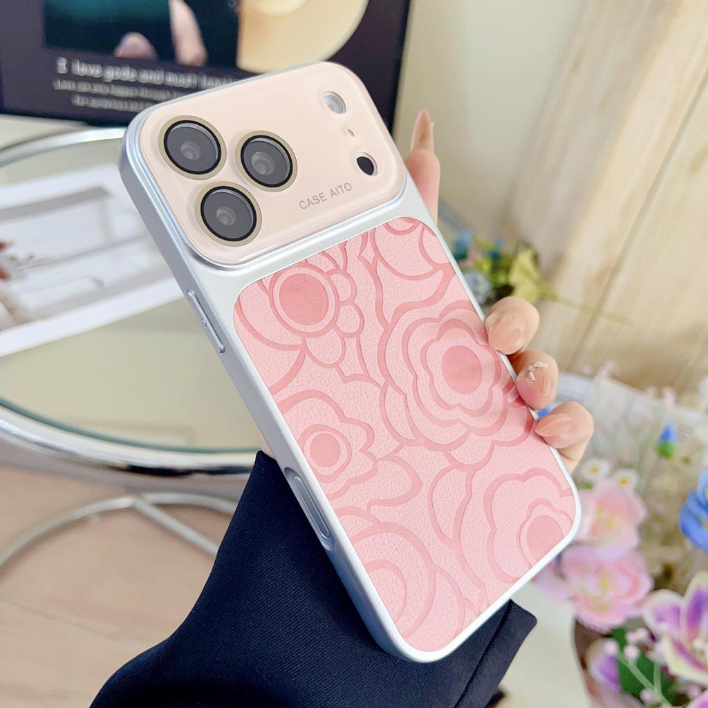 Camellia Leather Texture Full Coverage Drop-Proof Phone Case for 15, 16 Pro, 17 Pro Max