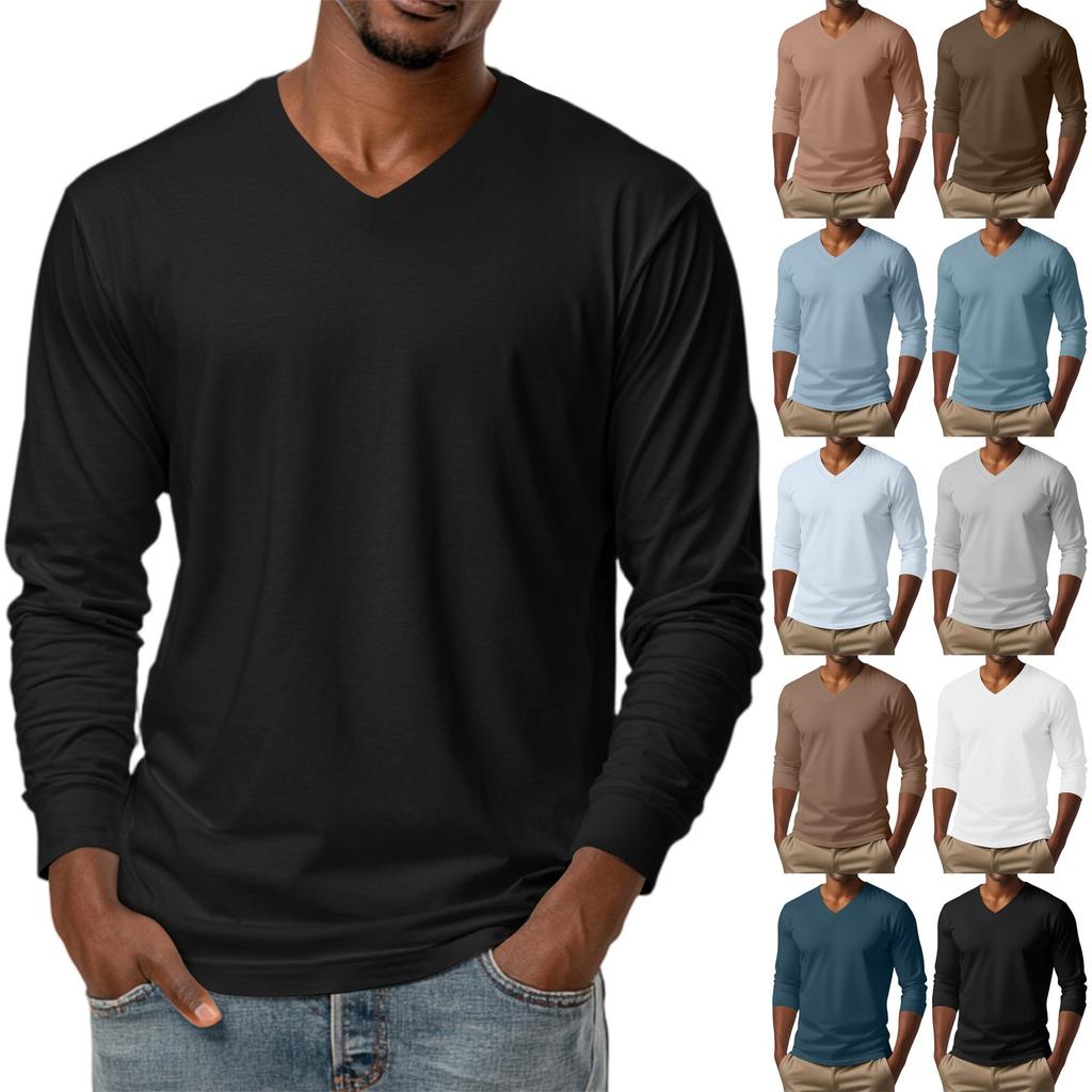 Men's V-neck Casual Solid Color Long-sleeved T-shirt Top