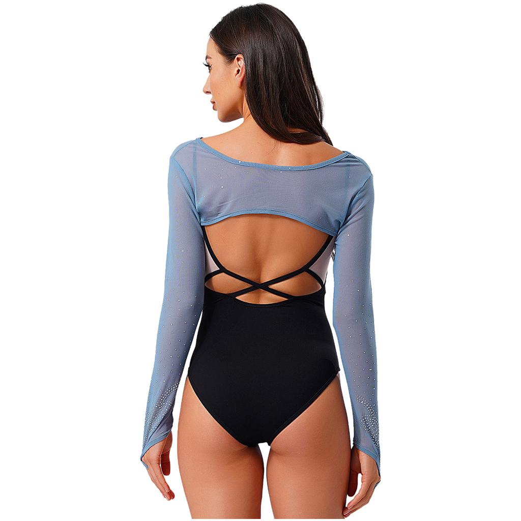 Womens Sparkle Rhinestone Mesh Long Sleeve Dance Crop Top Finger Loop Pullover Shrug Shoulder Cover