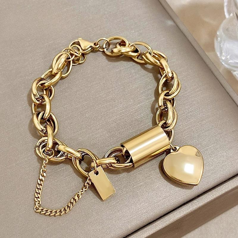 Punk Chunky Gold Color Thick Chain Stainless Steel Bracelets For Women Fashion Design Heart Love Pendant Wrist Jewelry Gift