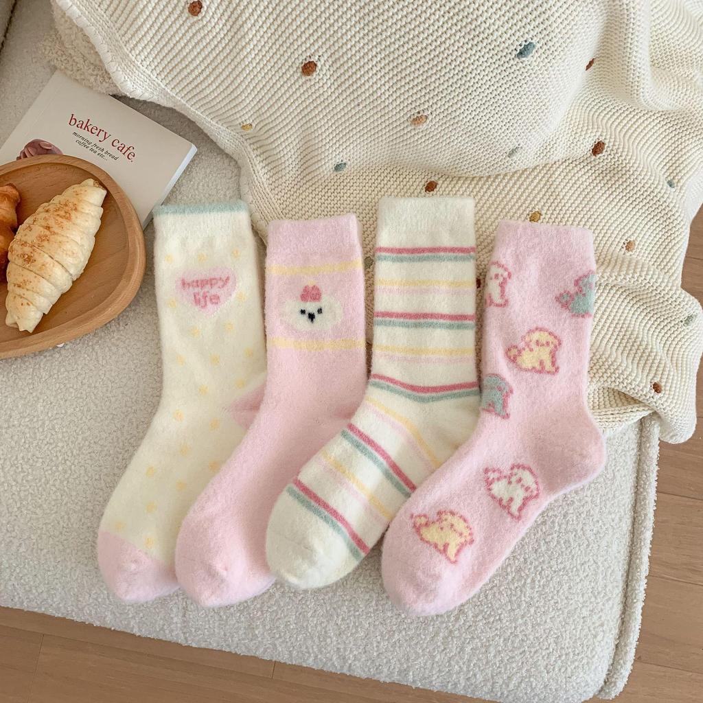 Pink Australian Wool Women's Mid-Calf Socks - Cute Japanese Cartoon, Warm and Fluffy for Autumn/Winter.