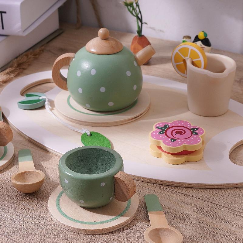 Wooden Kids Tea Set Pretend Play Food Kitchen Accessories Creative Imaginative Toy for Girls Birthday Tea Party Playroom