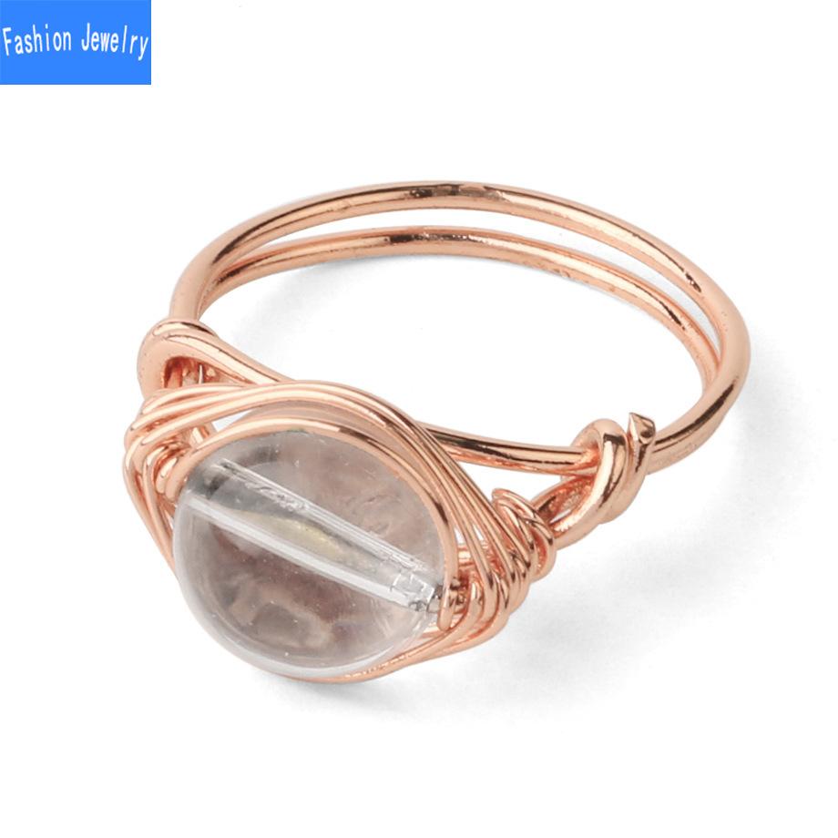 Mit Draht umwickelter runder natürlicher Kristallring, Amethyst-Rosenquarz-Reiki-Heilstein