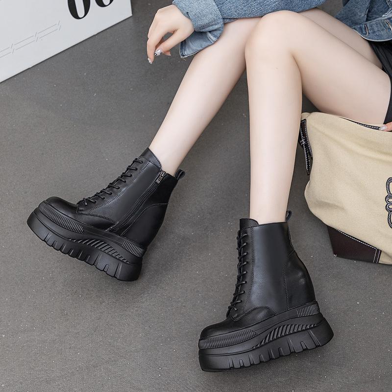 

12 см новые женские туфли из натуральной кожи на дышащей платформе со скрытым каблуком, модные весенние ботильоны на молнии из натуральной кожи 33 чёрный