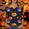 Women's Casual Halloween Print V Neck Three Quarter Sleeve Top Lightweight Comfortable Fit Seasonal Shirt for Everyday Wear