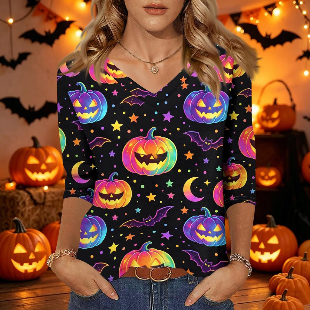 Women's Casual Halloween Print V Neck Three Quarter Sleeve Top Lightweight Comfortable Fit Seasonal Shirt for Everyday Wear