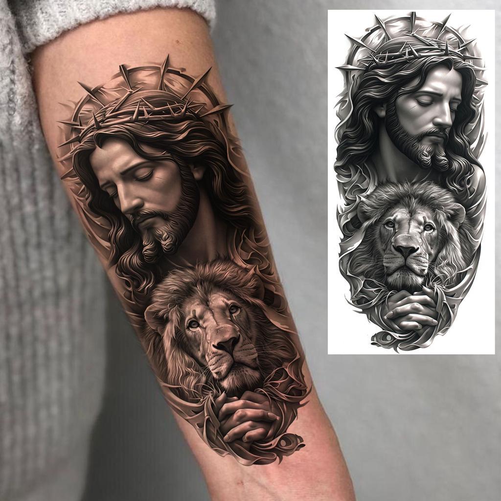 1 Sheet Jesus Pray With Cross Thorn Temporary Tattoos For Men Women Adults, Long Lasting Waterproof 3d Temp Fake Tattoo Sticker