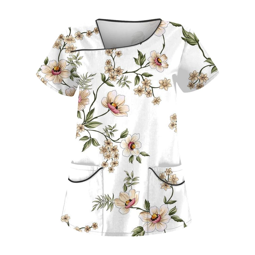 Women's Casual Printed Short Sleeve Workwear With Double Pocket Top