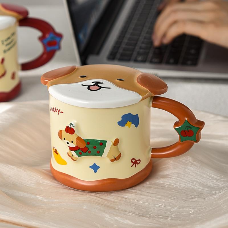 Dachshund Dog with Lid Ceramic Mug Couple Cute Office Water Cup Female Office Worker Particularly Beautiful Cup