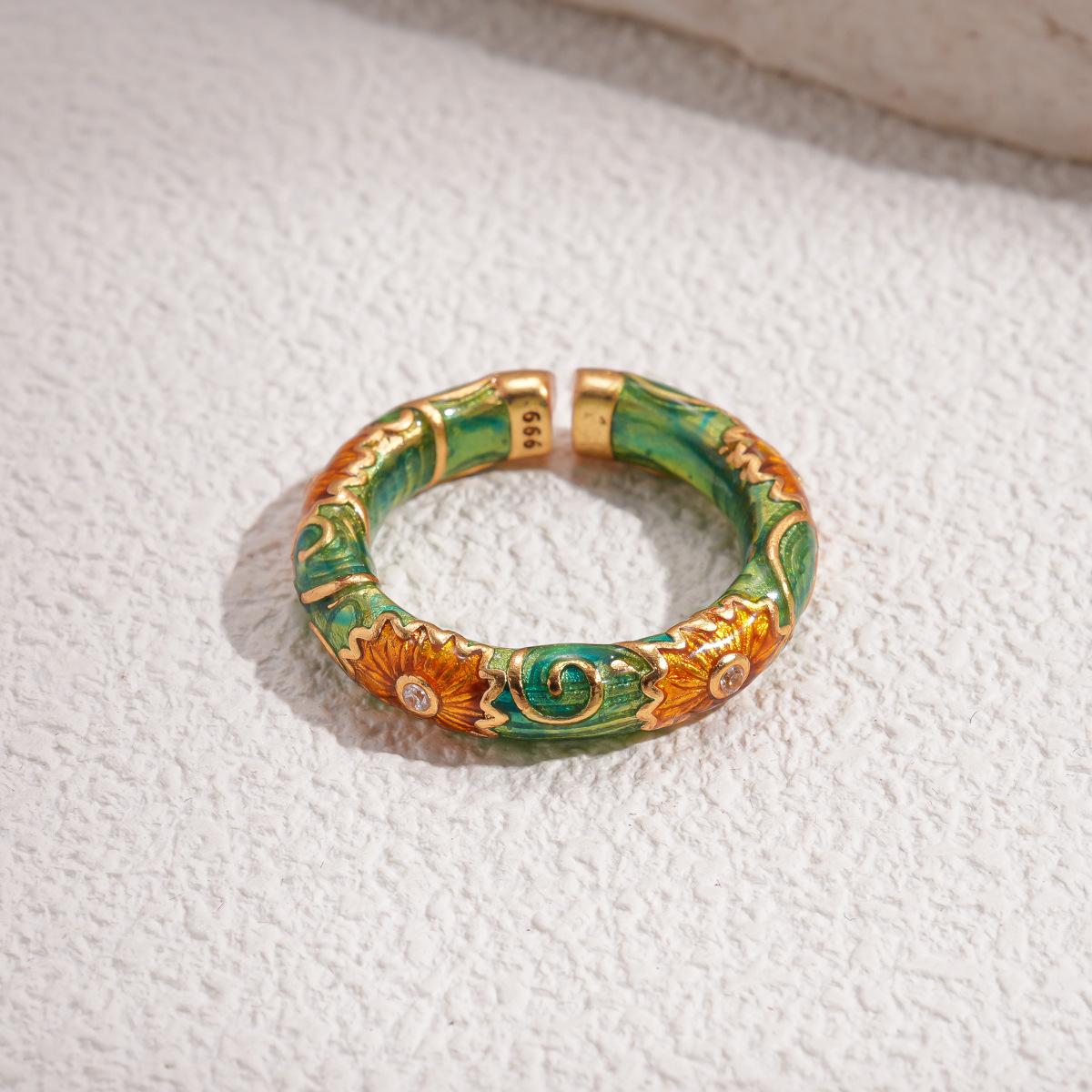 24K real gold antique zircon pearl flower opening ring fashion dripping oil geometric jewelry