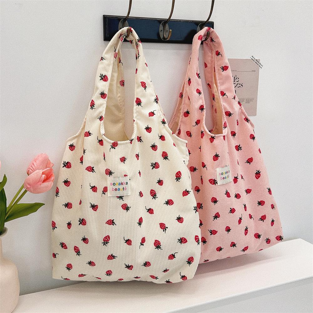 Strawberry Print Corduroy Shoulder Bag - Casual, Large Capacity for Commuting and Daily Essentials
