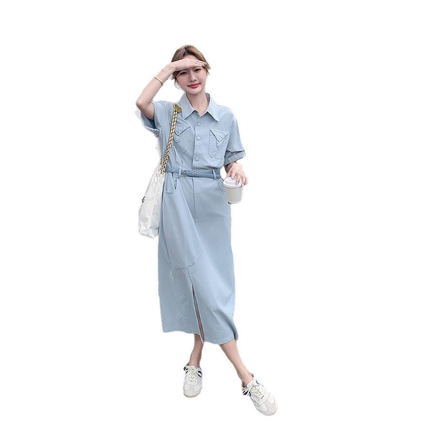 Blue Lapel Dress Women's Summer New Design Sense Gentle Temperament Waist Thin Shirt Skirt