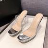 Summer New One-word Belt Sexy Transparent High-heeled Sandals Women's Head Fashion Waterproof Table Silver High-heeled Slippers Women