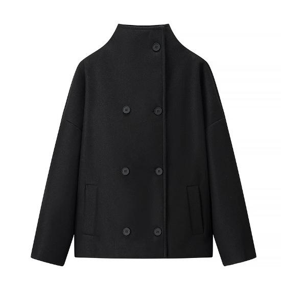 Women'S Clothing Double-Breasted Solid Color Woolen Material Lapel Loose Woolen Short