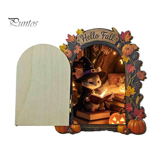 Decorative Baseboard Elf Door Wooden Halloween Decor, 2D Fairy Mouse Miniature Wall Autumn Theme Tale Ornaments Hanging, Rustic Shelf Ornament