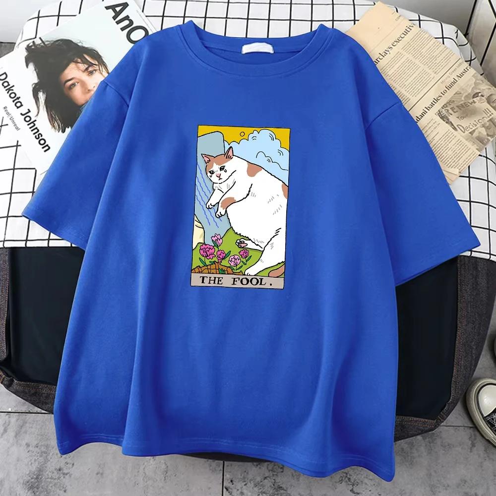 2025 The Fool Sad Cat Meme Print Mans Tee Clothing Vintage Personality Street Tops All-math Short Sleeve Men Cotton T-Shirts