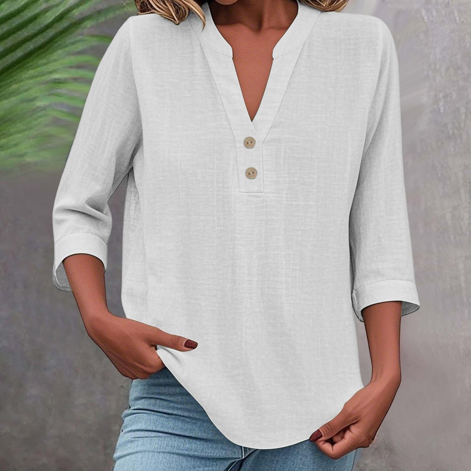 

3/4 Sleeve Linen Tops For Women Loose Fit V Neck Button Down Shirts Cute Solid Summer Beach Tee Shirts XXL білий