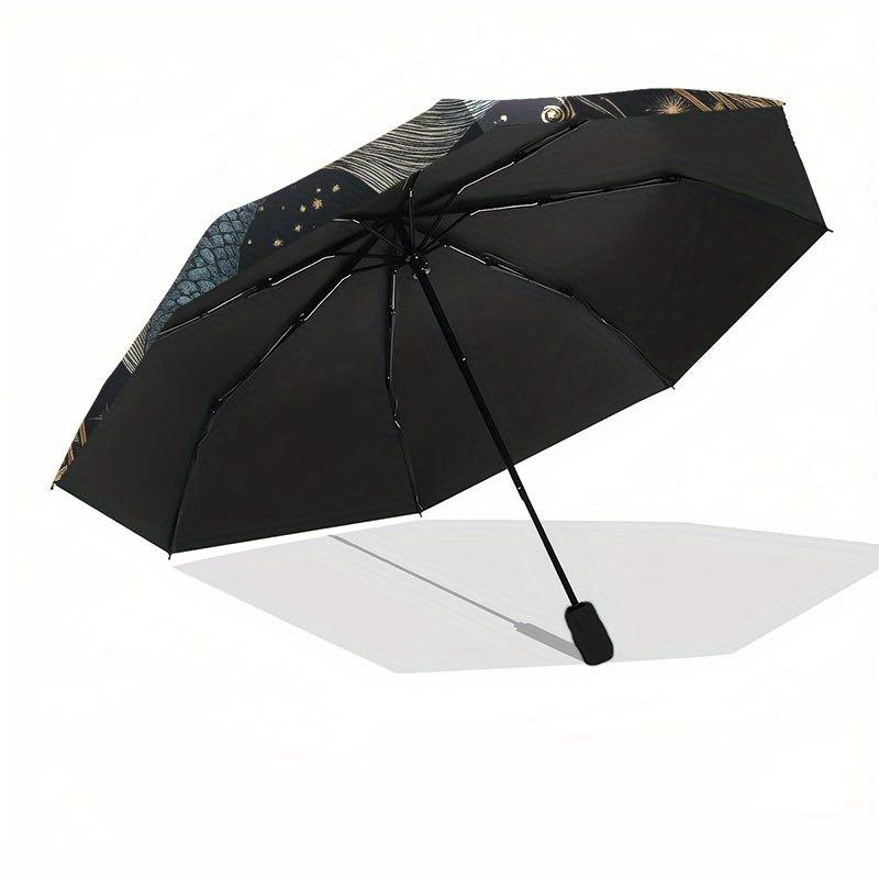 Golden Pisces Zodiac Sign Plate: Celestial Artwork Umbrella, Cute Umbrella with Cute Design, Portable 3-Fold Compact Umbrella for Men & Women, Valenti