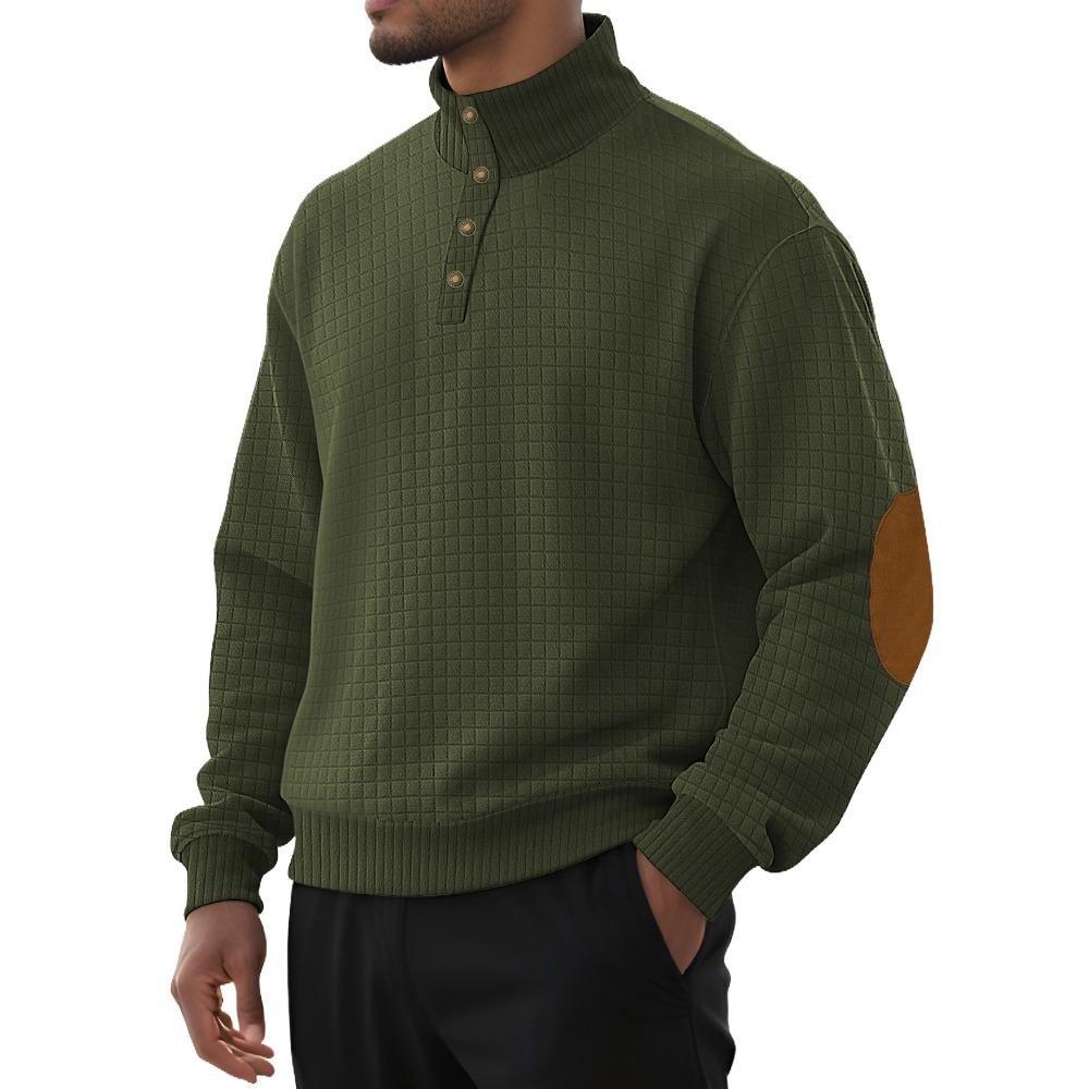 Lightweight Casual Sportswear for Men Jacquard Small Check Pattern Stand-Up Collar Long-Sleeved Pullover Button-Front Outdoor Sweatshirt