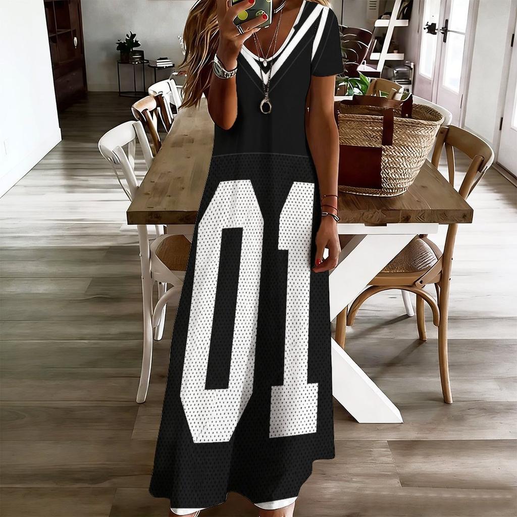 Women Plus Size V Neck Short Sleeve Geometric Printed Straight Maxi Dress