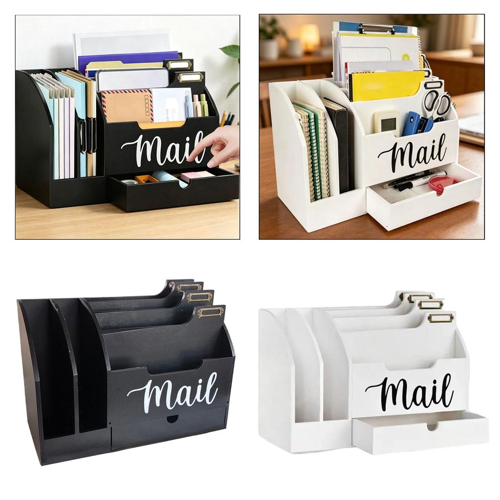 Mail Organizer Desk Organizer Countertop with 6 Slots Rustic Desktop Box Wooden Mail Holder for File Folder Pens Paper Clips