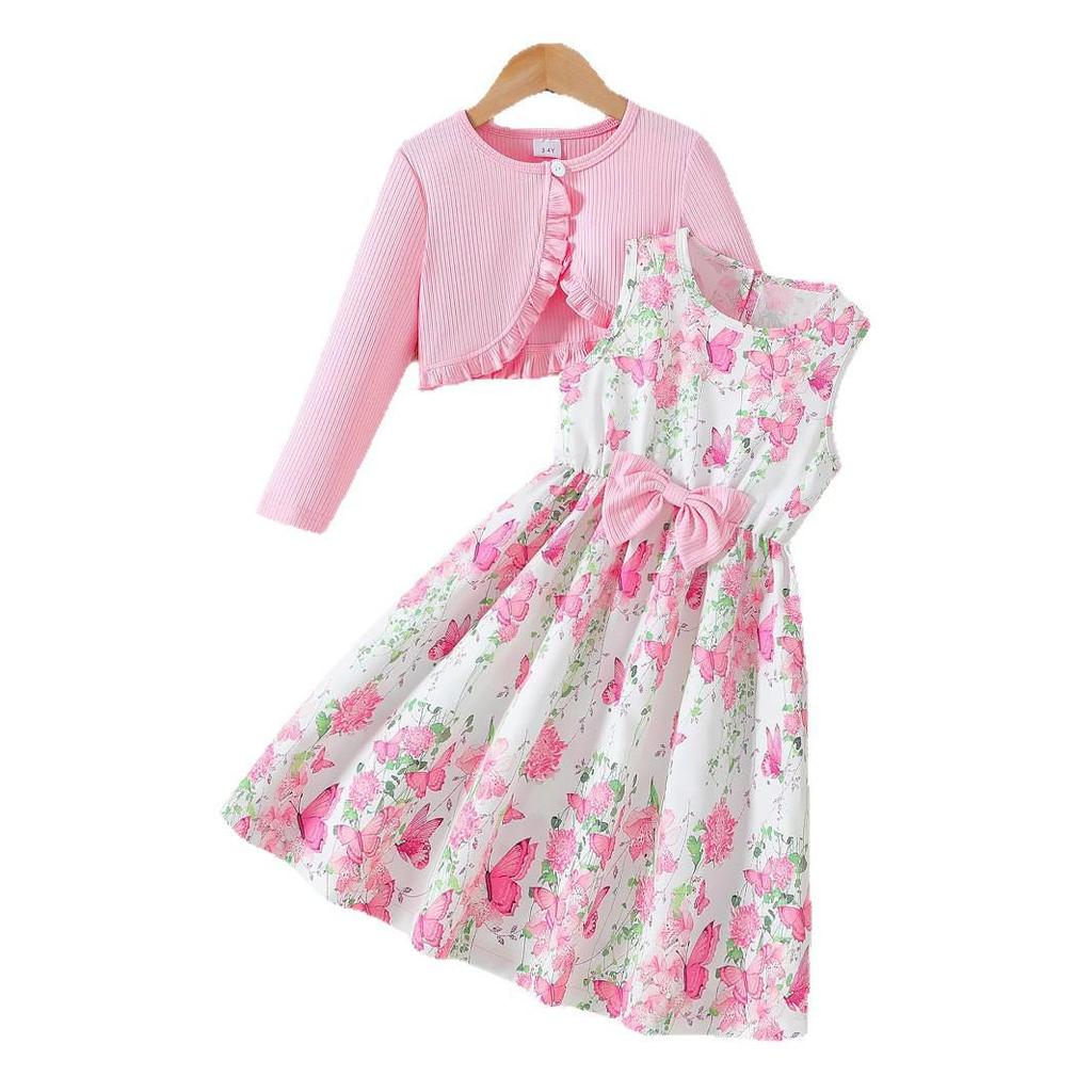 Spring-Autumn Girls' Princess Jacket & Vest Set: Long Sleeve Dress with Printed Vest