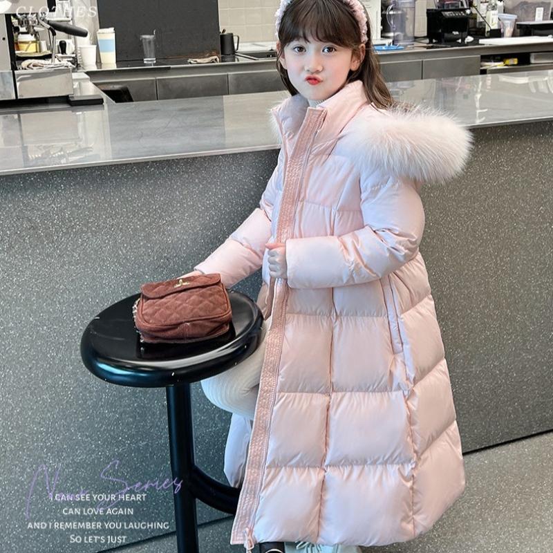 Winter Girls Long Winter Clothes Children's Fashion Large Fur Collar Waist Coat