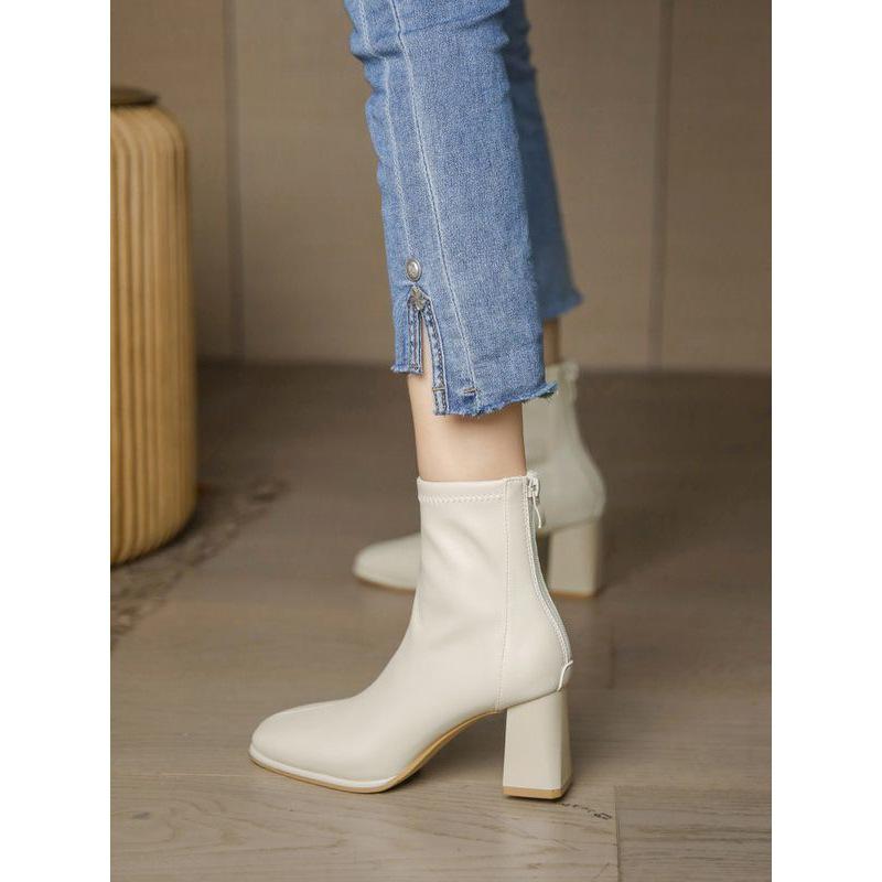 White Velvet-Lined Square Toe Chunky Heel Ankle Boots for Women - Trendy Slimming French Leather High Heels