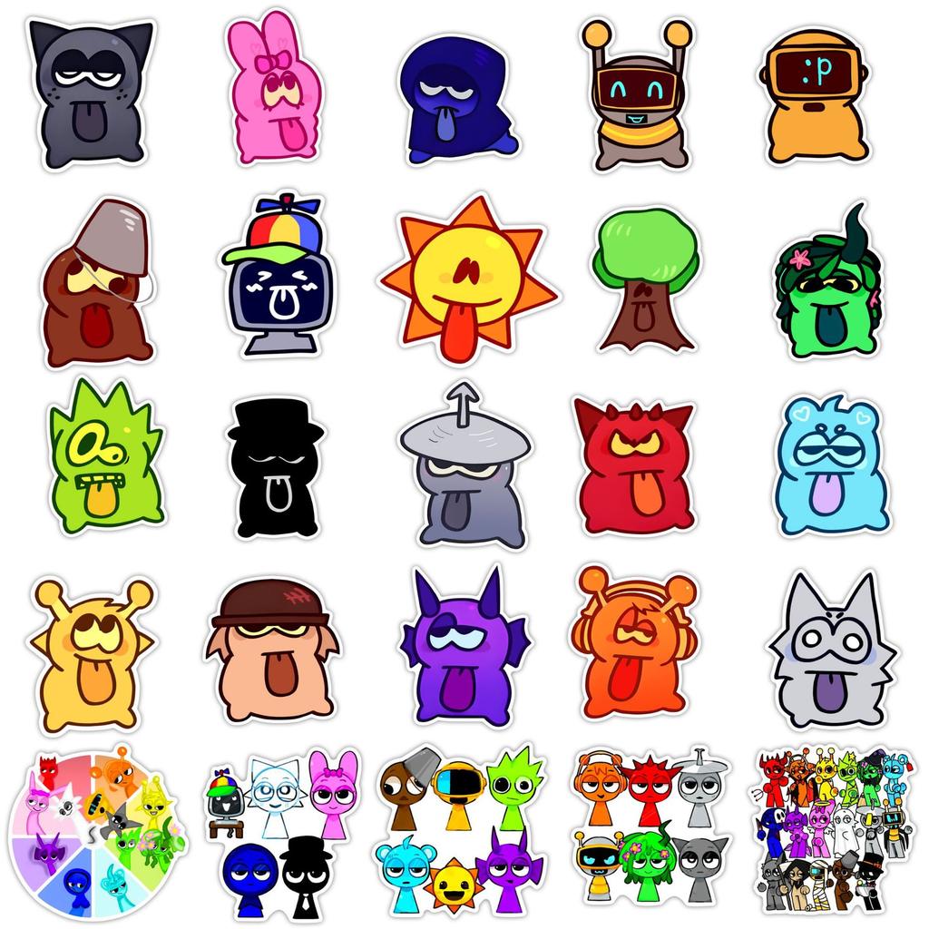 Non-Toxic Sprunki 52Pcs/Set Stick-On Decals For Skateboard Laptop Guitar Fridge Phone Luggage - Assorted Sticker Set Toy