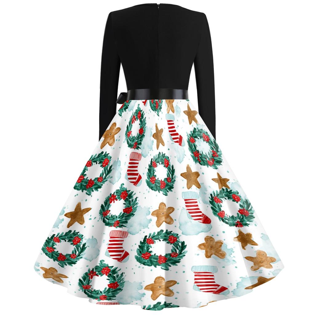 Women's Casual Vintage V-Neck Long Sleeve Dress with Christmas Print