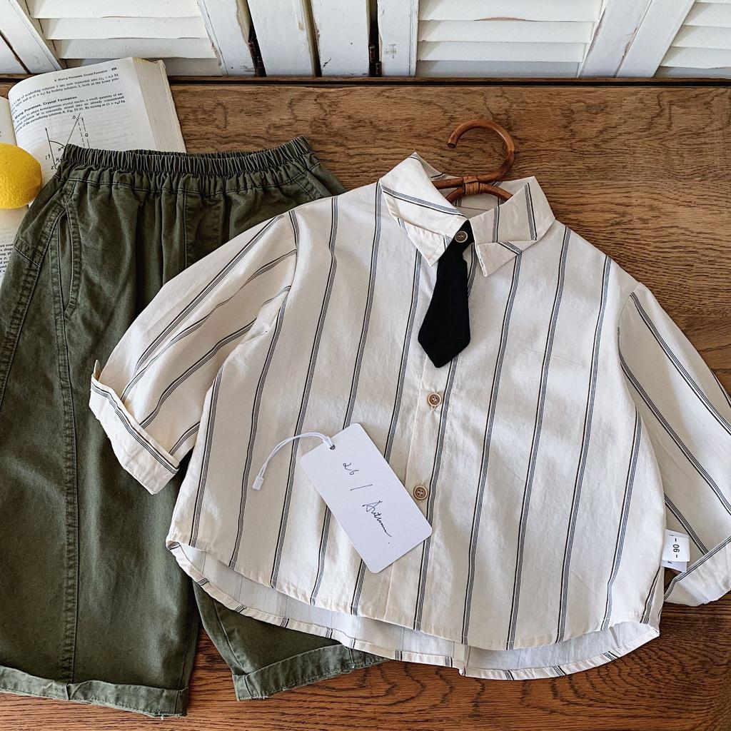 Boys Shirt Autumn New Korean Version Of Children'S Handsome Vertical Strip Tie Long Sleeve Shirt Baby Autumn Clothes