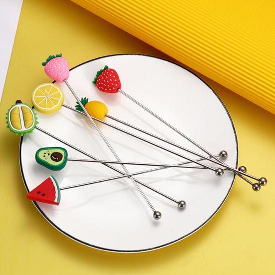 Yousheng Cocktail Stir Stick, Stainless Steel Cocktail Mixing Stick, with Durian Pineapple Strawberry Watermelon Rubber Top Decor, Drink Stirrer