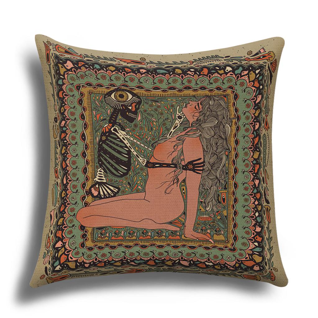 Classic Retro Girl Skull Illustration Cushion Cover Pillow Cover Sofa Cushion Cover Living Room Bedroom Soft Home Decoration