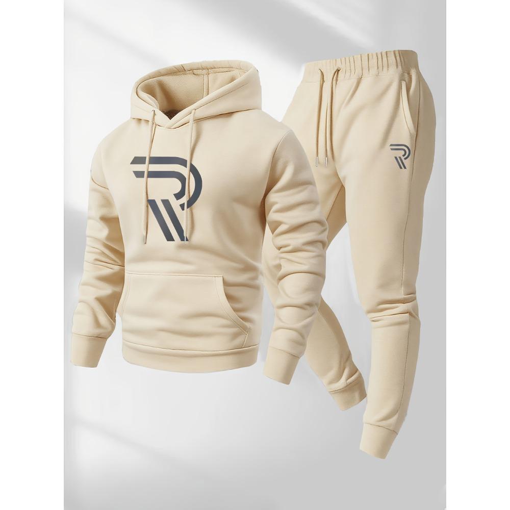 Men's Complete Set, Including Hooded Sweatshirt, Men's Two Piece Hooded Sweatshirt and Pants, Cool Printed Pattern