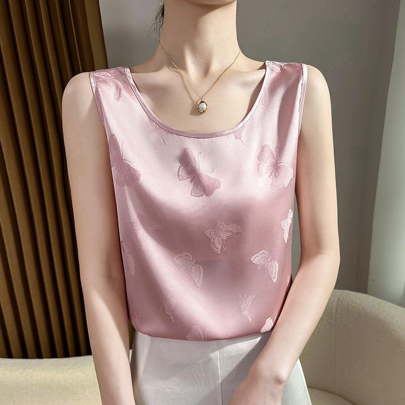 Acetate Satin Round Neck Printed Vest for Women In Summer Simple Smooth and Versatile Sleeveless Suspender Soft and Comfortable Top