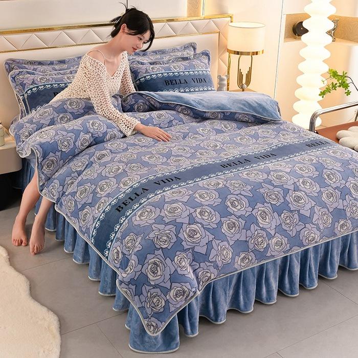 Thickened Milk Fleece Four-Piece Coral Fleece Quilt Cover, Bed Sheet Fleece Double-Sided Fleece Flannel Bedding, Bed Skirt