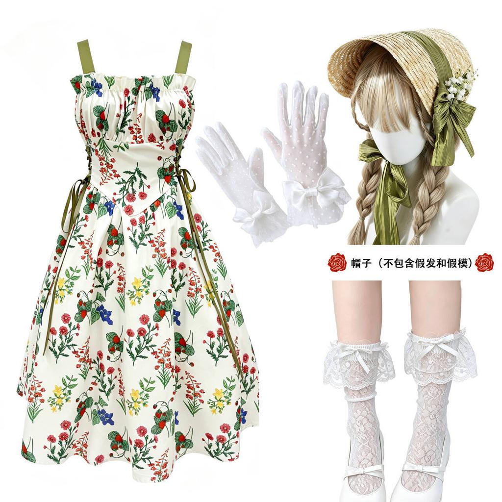 Cosplay Europe and America 1910S Hepburn style French dress Campus style floral suspender dress, printed waist daily