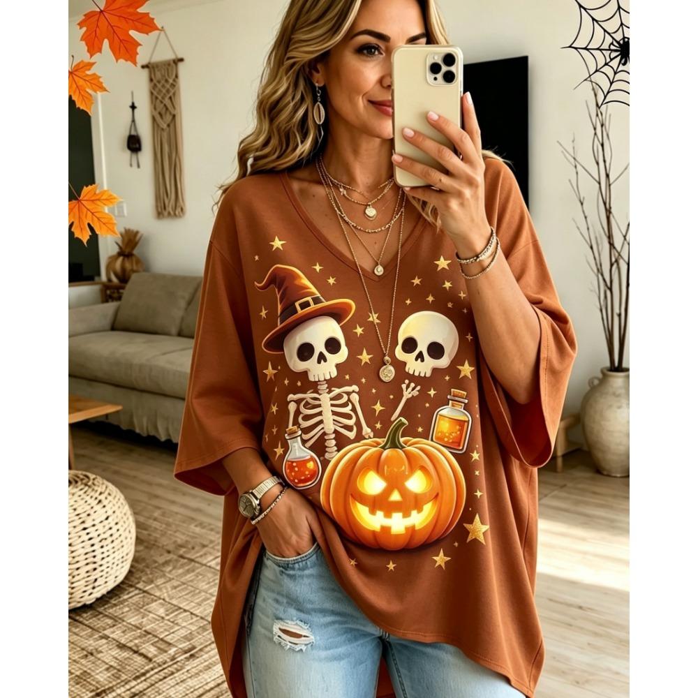 Halloween Printed T-shirt, Pumpkin Lantern Ghost T-shirt, Plus Size Women's V-neck Bat Sleeve Seven Quarter Sleeve Casual Top