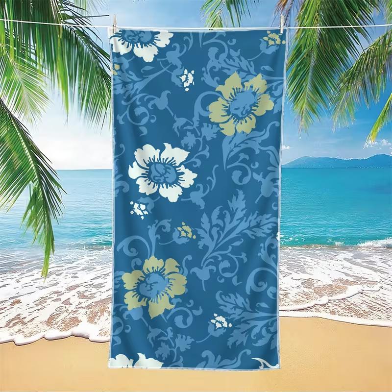 Vintage Blue Floral Vine Print Beach Towel Retro Hibiscus Flower Quick Dry Sand Resistant Towel Travel Summer Beach Blanket