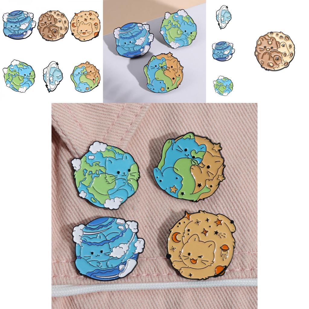 Cute Cartoon Creative Earth Ocean Protection Brooch Adorable Cat Planet Pin For Accessories