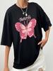 Fashionable Casual Short Sleeve T-Shirt Butterfly Print Shoulder Drop Polyester Fiber Crew Neck Short Length From China