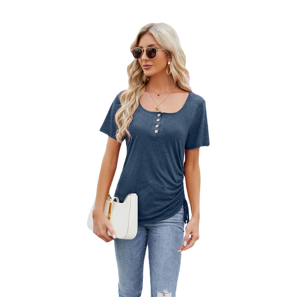 Letní dámské tričko Knoflíček U Neck Volný Stahovací Top Krátký rukáv