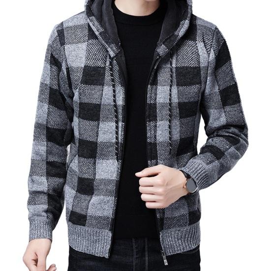 Мужской зимний кардиган с контрастным клетчатым принтом капюшоном и завязками куртка средней длины утолщенная трикотажная M серый 3430₽