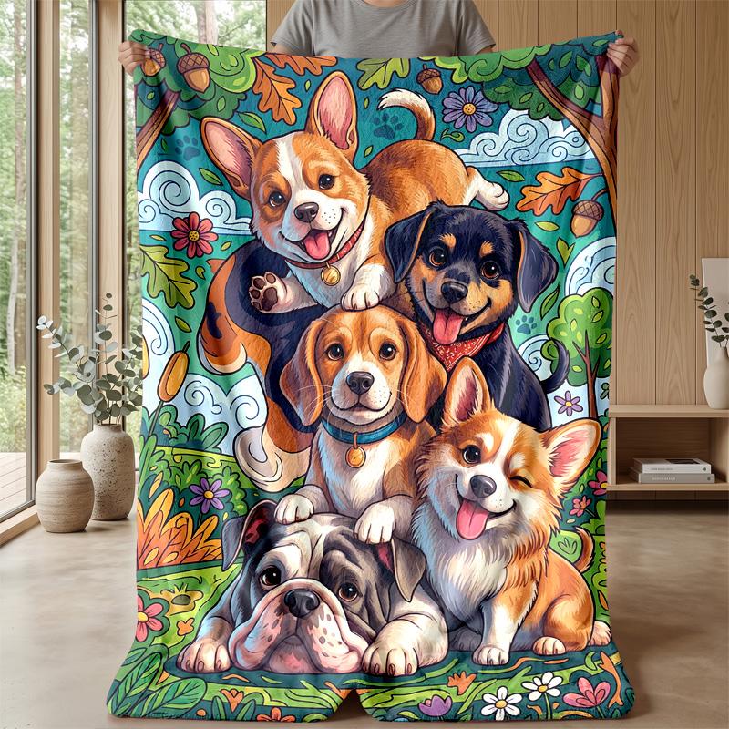 Puppies in Spring Blossoms Theme blanket Lightweight Warm Flannel Blanket Decorative Throw Blanket for Home Decoration