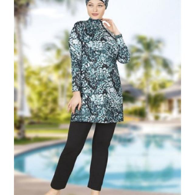 2-piece Muslim Women's Modest Tropical Rainforest Print Seaside Swimwear Full Coverage Swimsuit Set Beachwear Burkini Swimsuit Set (Without